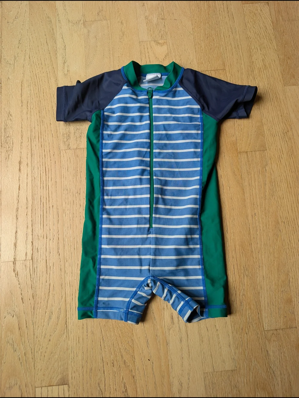 Hanna Andersson Blue & Green Striped Short-Sleeve Swim Romper